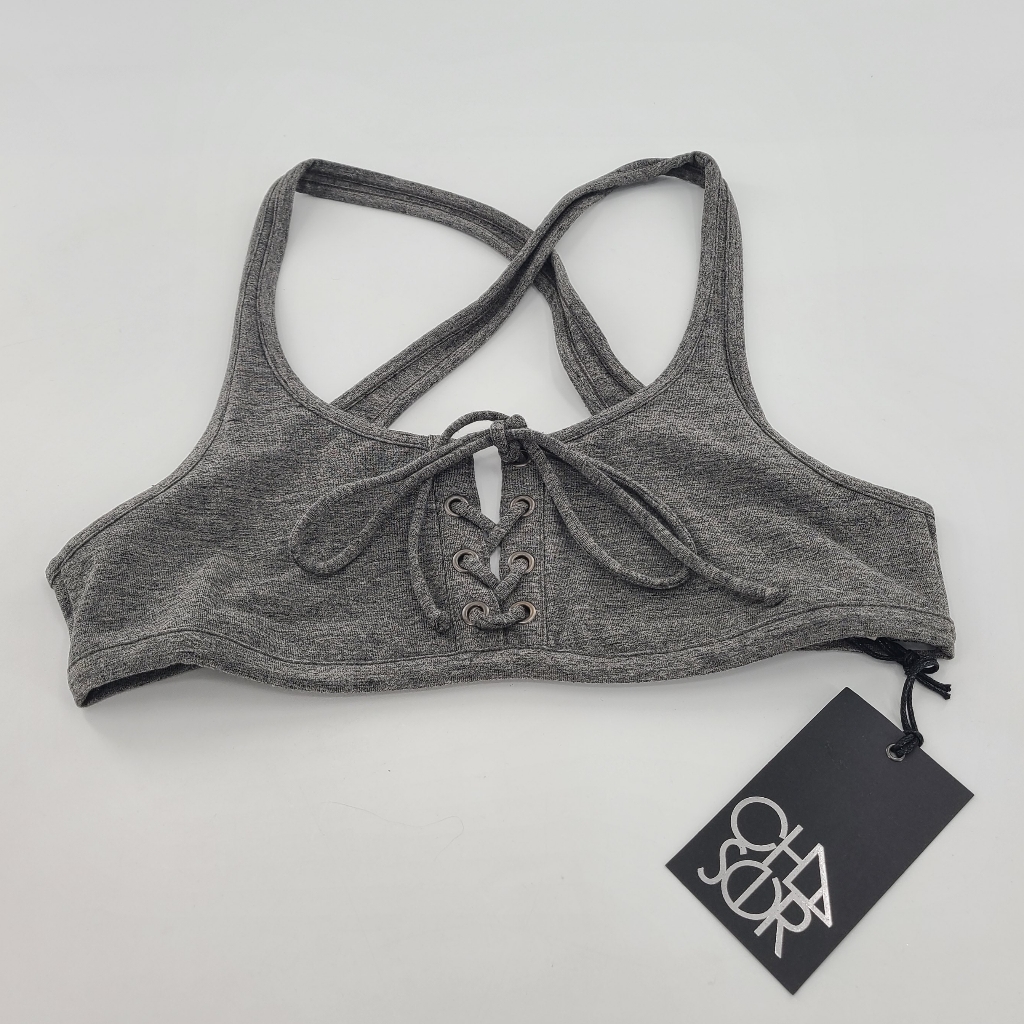 Chaser Cross Back Front Lace Bralette Women Size M Heather Grey